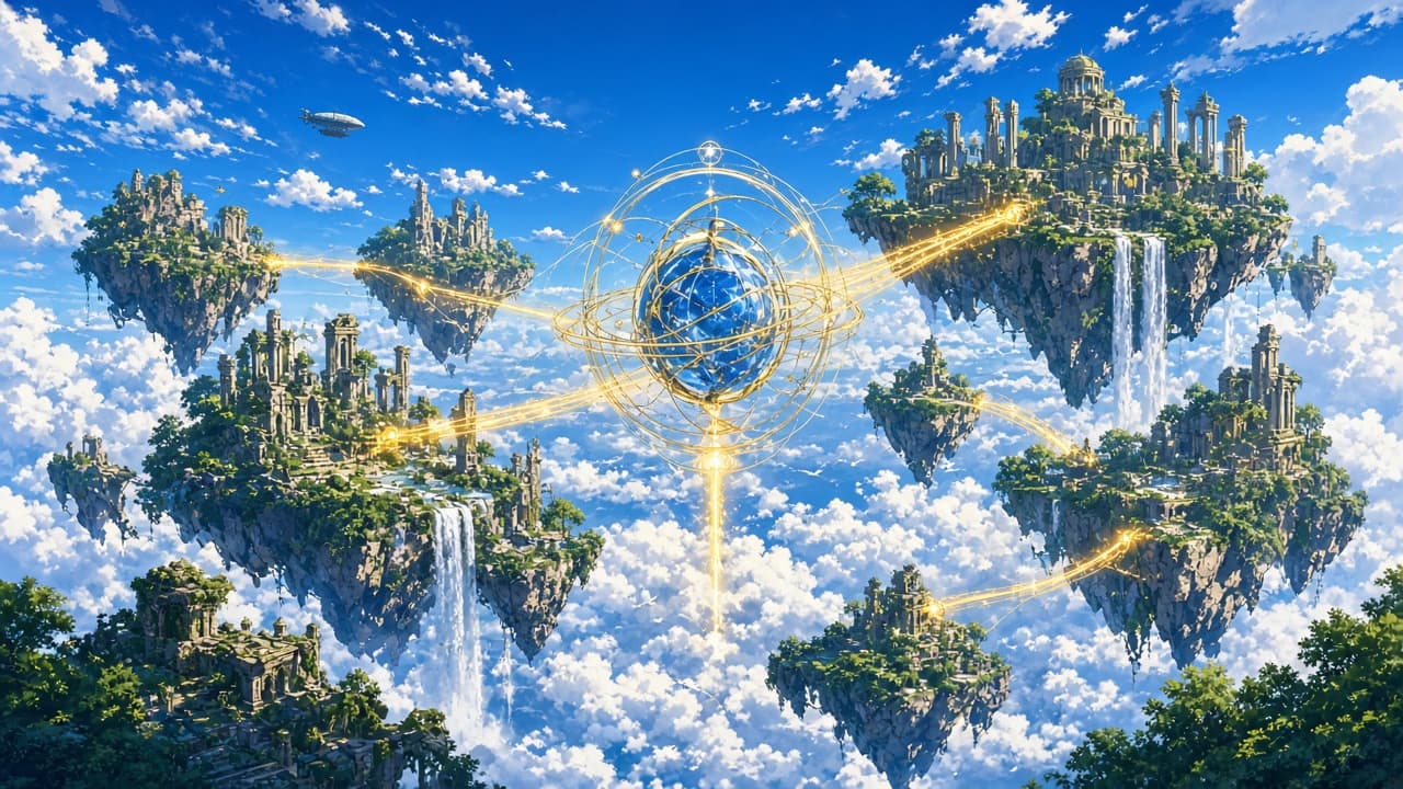 Islands in the sky joined by thin gold paths of light.