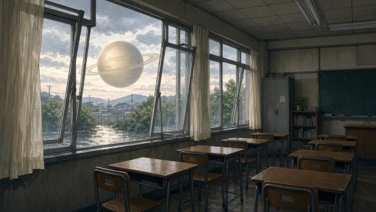 A classroom of desks after rain, gold light through tall windows.