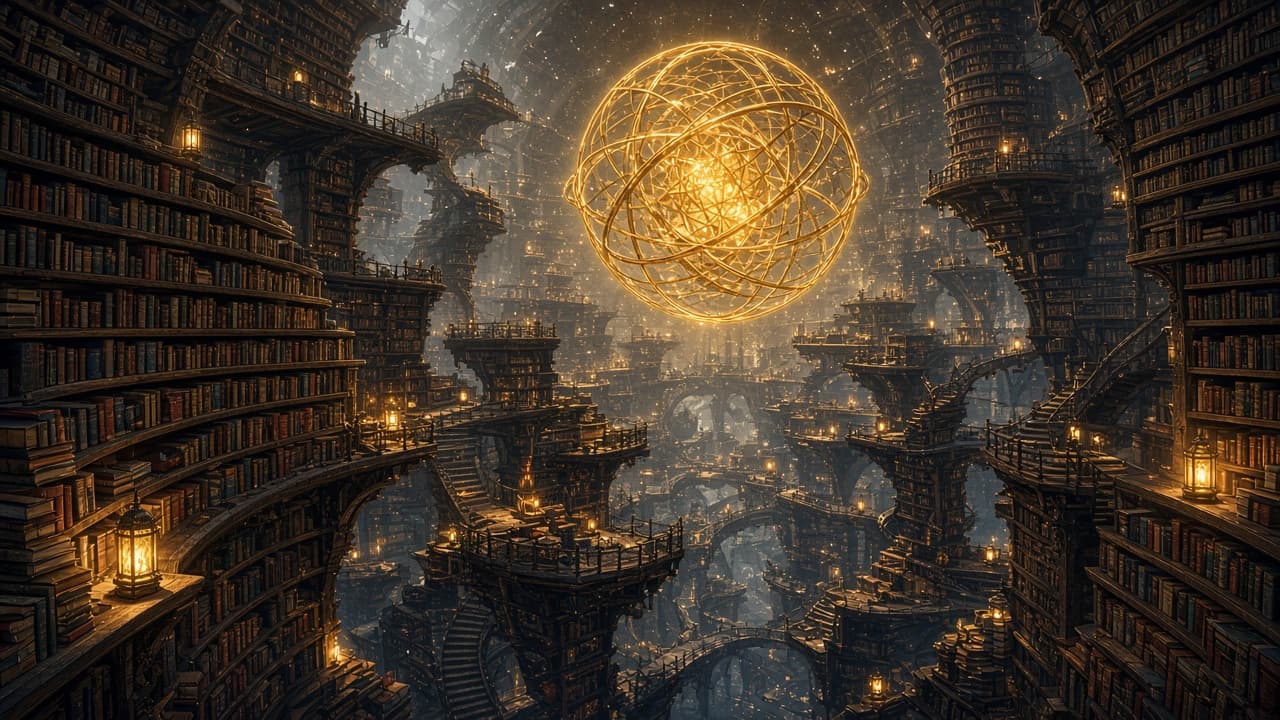 An infinite library of shelves under a gold lattice of light.