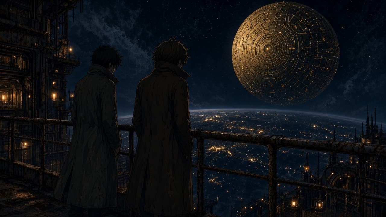 Two figures on a night catwalk under a gold sphere.
