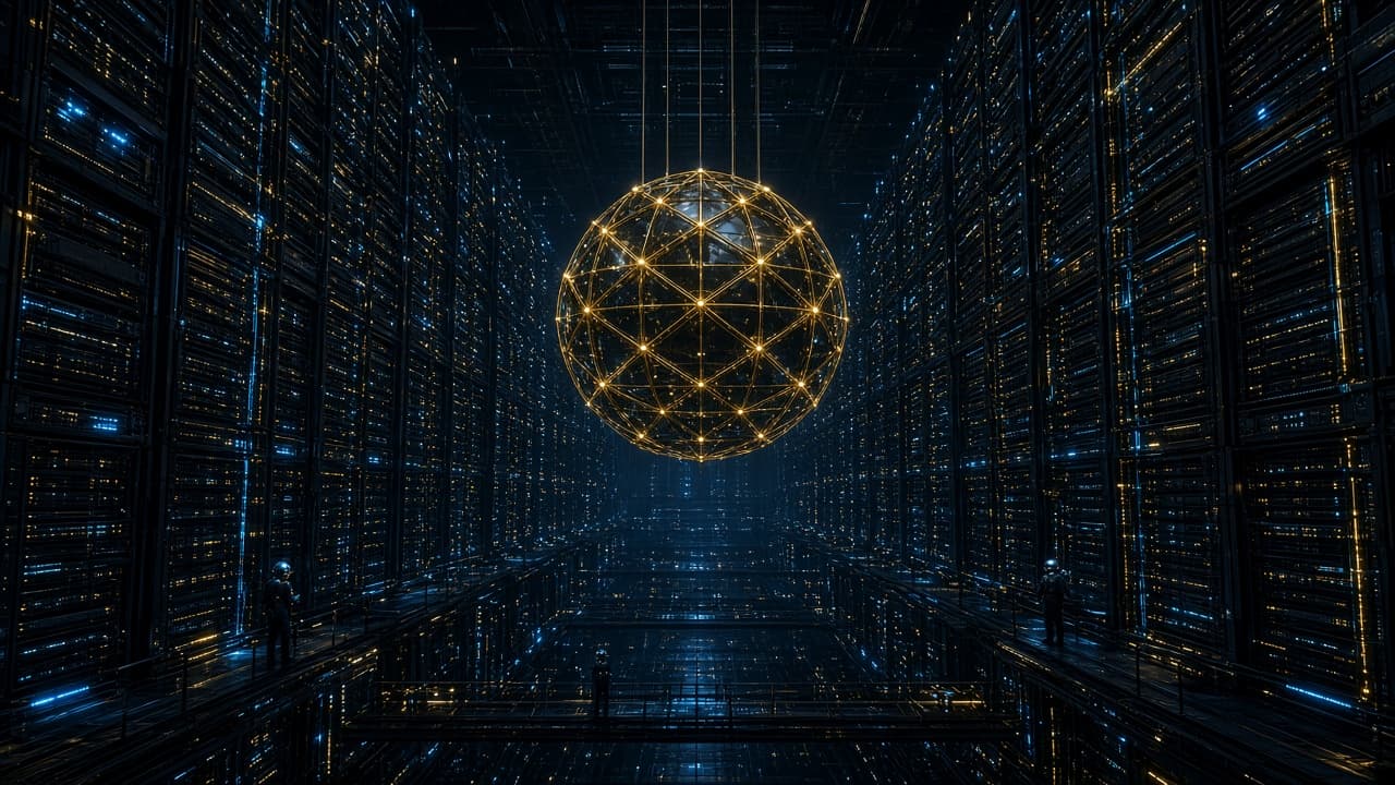 A dark server canyon with a gold lattice sphere hanging in the centre.