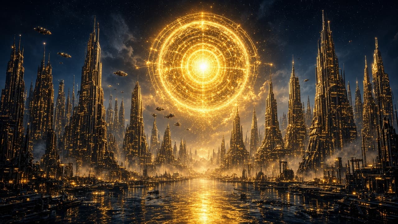 A dark field of objects waking under a gold lattice.