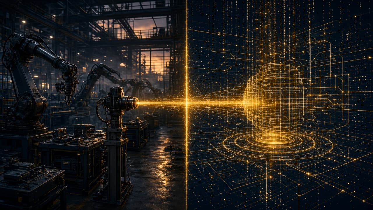 A physical machine and its gold lattice twin meeting across a dark field.