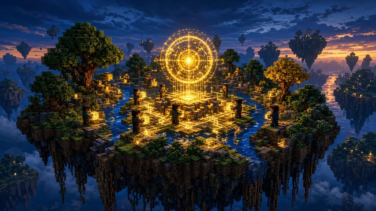 Blocky figures assembling a gold lattice structure together.