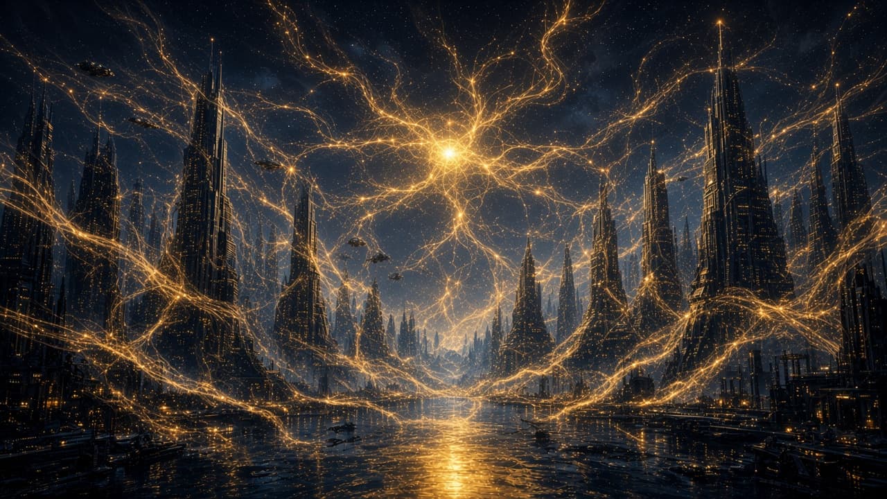 A city of towers joined by living filaments of gold light.
