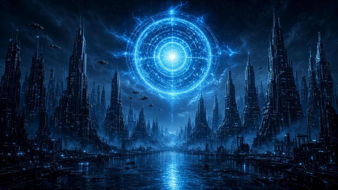 A dark harbour city under a blue signal ring in the sky.