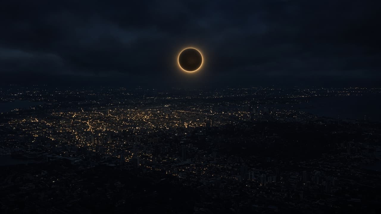 A city at night under a thin ring of eclipse light.
