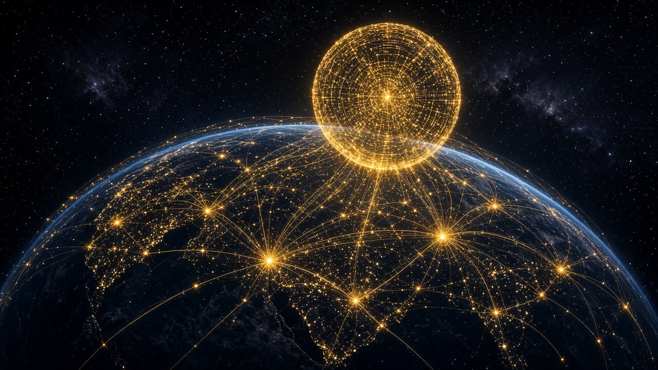 The Earth wrapped in a gold lattice of live links.