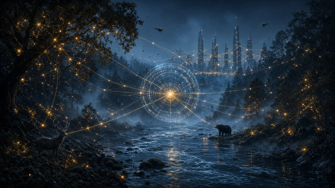 A dark forest of nodes with gold threads of live state between them.